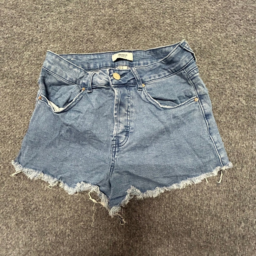 Forever 21 Denim Shorts Womens Size 25 Blue High Waisted Raw Hem Frayed Casual